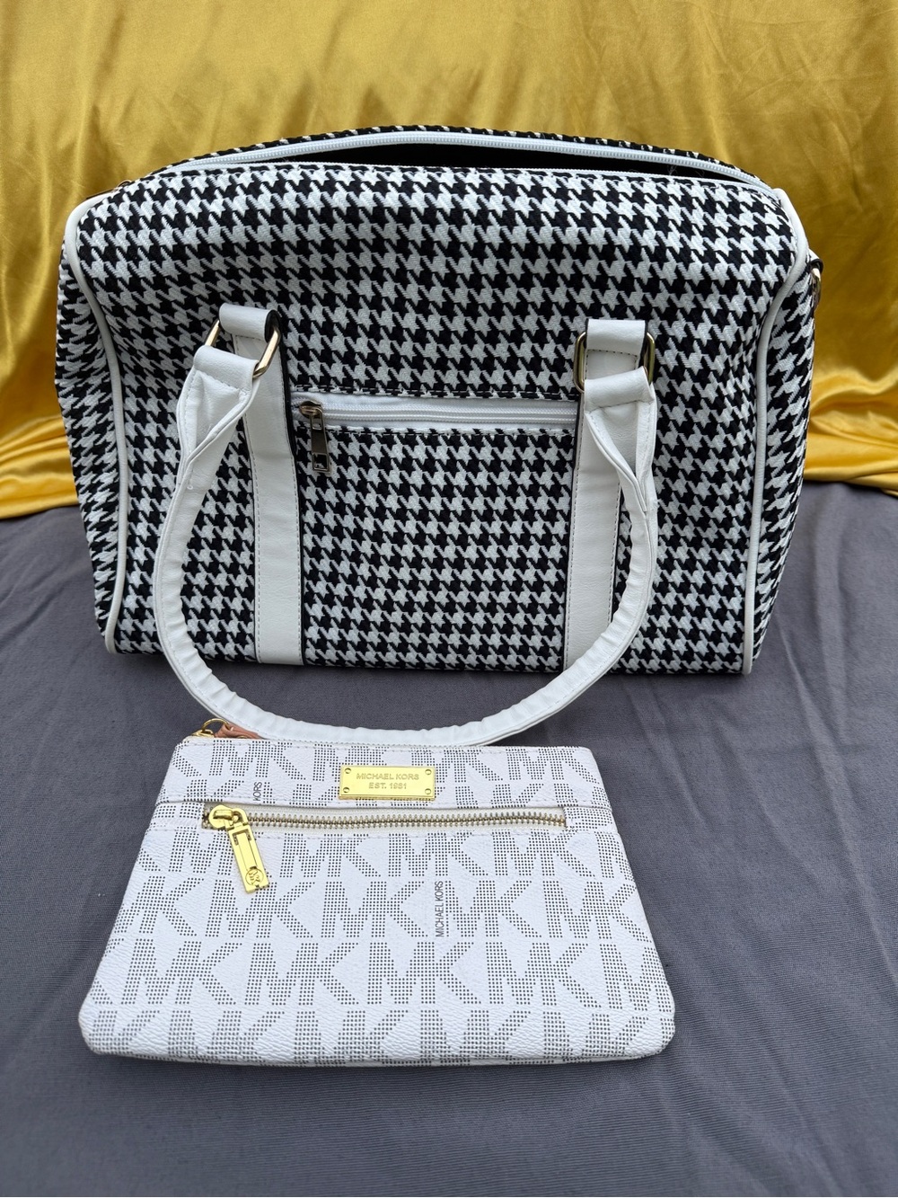 Michael Kors Black-and-White Houndstooth Tote with White MK Wristlet